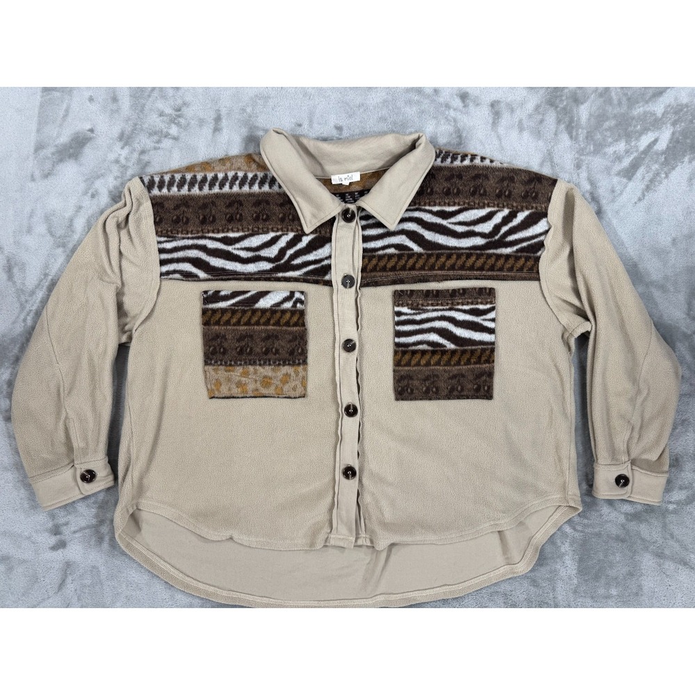 La Miel Shacket Womens L Oversized Brown Shirt Jacket Navajo Safari Zebra Print‎